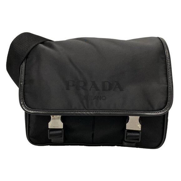 Auth PRADA Logo Jacquard 2VD769 Black Nylon Leather Shoulder Bag - Picture 1 of 16